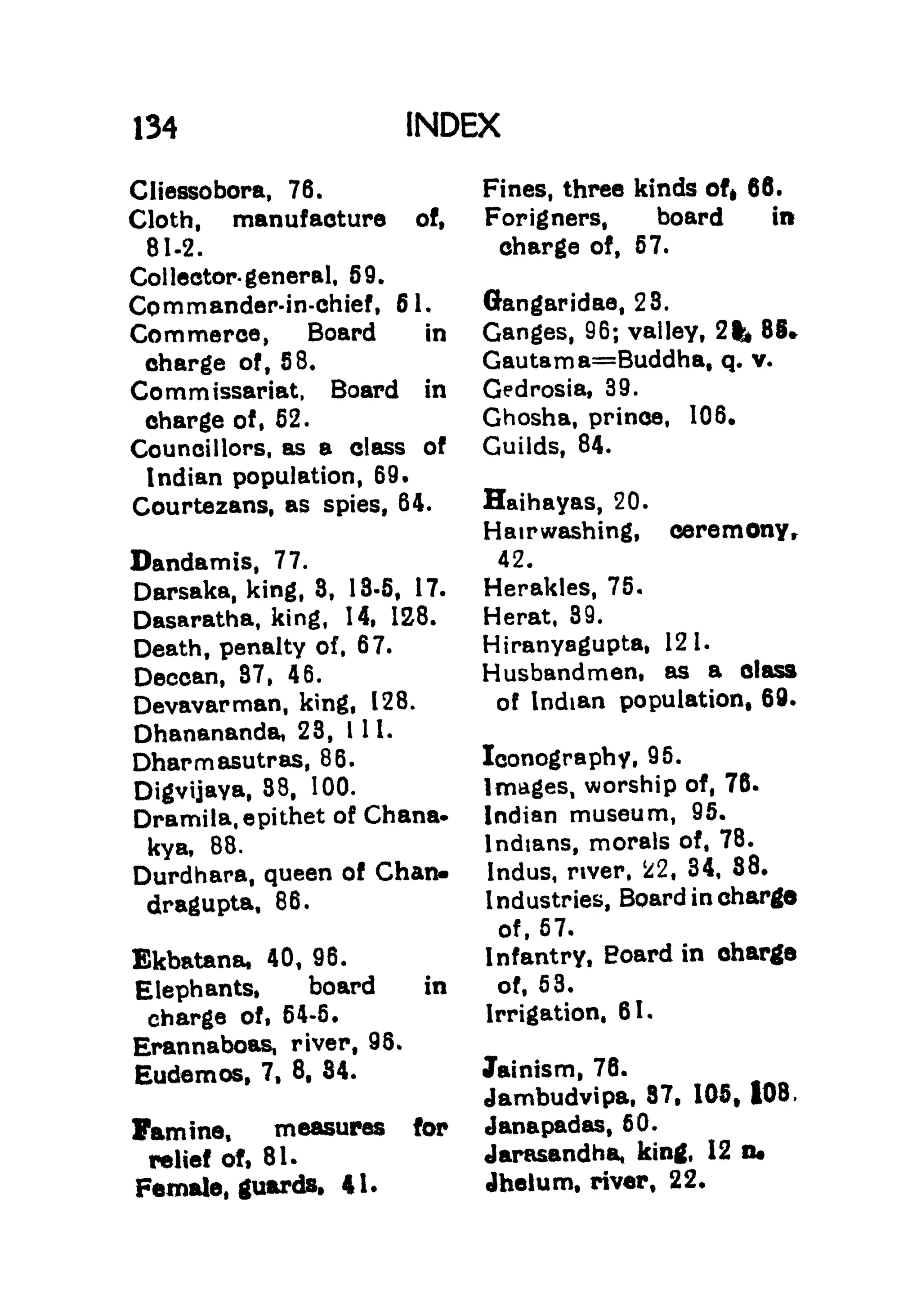 134 INDEX
Cliessobora, 76.
Cloth, manufacture of,
81-2.
Col lector general, 59.
Commander-in-chief, 61.
Commerce, Board in
charge of, 58.
Commissariat, Board in
charge of, 52.
Councillors, as a class of
Indian population, 69.
Courtezans, as spies, 64.
Dandamis, 77.
Darsaka, king, 3, 18-5, 17.
Dasaratha, king, 14, 128.
Death, penalty of, 67.
Deccan, 87, 46.
Devavarman, king, 128.
Dhanananda, 23, 111.
Dharmasutras, 86.
Digvijaya, 88, 100.
Dramila, epithet of Chana-
kya, 88.
Durdhara, queen of Chan*
dragupta, 86.
Ekbatana, 40, 96.
Elephants, board in
charge of, 64-5.
Erannaboas, river, 98*
Eudemos, 7, 8, 84.
Famine, measures for
relief of, 81.
Female, guards* 4i.
Fines, three kinds offt
68.
Forigners, board in
charge of, 57.
Gangaridae, 23.
Ganges, 96; valley, 2fc 85.
Gautama=Buddha, q. v.
Gedrosia, 39.
Ghosha, prince, 106.
Guilds, 84.
Haihayas, 20.
Hairwashing, ceremonyr
42.
Herakles, 75.
Herat, 89.
Hiranyagupta, 121.
Husbandmen, as a class
of Indian population, 69.
Iconography, 95.
Images, worship of, 78.
Indian museum, 95.
Indians, morals of, 78.
Indus, river, 22, 34, 88.
I ndustries, Board in charge
of, 57.
Infantry, Board in charge
of, 63.
Irrigation, 61.
Jainism, 78.
Jambudvipa, 87, 105, 108
Janapadas, 50.
Jarasandha, king, 12 tu
Jheium, river, 22.
 