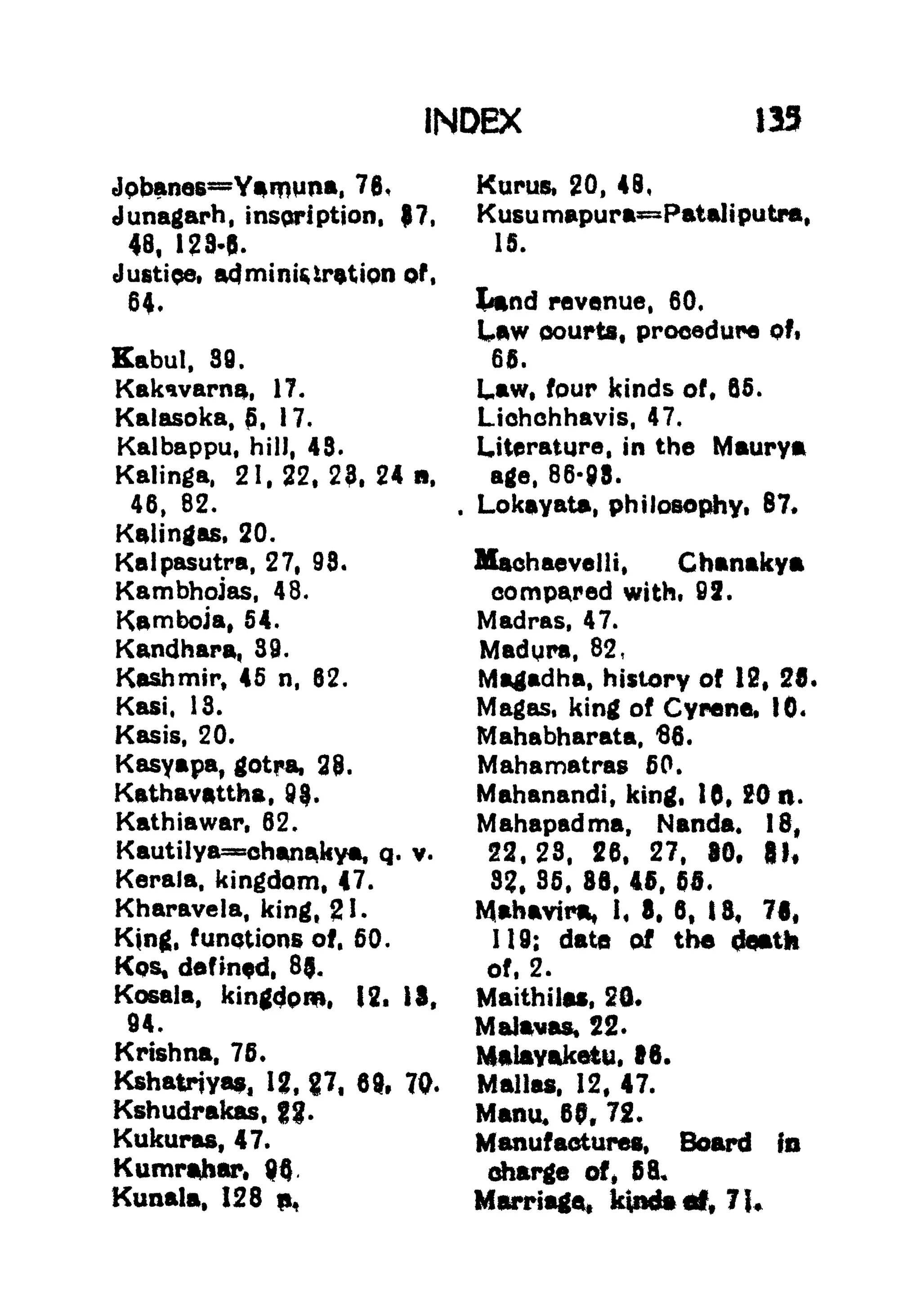 INDEX 133
Jobane6=Yamuna, 78,
Junagarh, inscription, 97,
48, 123-6.
Justice, administration of,
64*
Kabul, 39.
Kakavarna, 17.
Kalasoka, 5, 17.
Kalbappu, hill, 43.
Kalinga, 21,22,29.2411,
46, 82.
Kalingas, 20.
Kalpasutra, 27, 93.
Kambhpias, 48.
Kamboia, 54.
Kandhara, 39.
Kashmir, 45 n, 62.
Kasi, 13.
Kasis, 20.
Kasyapa, gotpa, 28.
Kathavattha, 99.
Kathiawar, 62.
Kautilya^chanaky*. q. v.
Kerala, kingdom, 47.
Kharavela, king, 1.
King, functions of, 50.
KQS, defined, 89.
Kosala, kingdom, 12, IS,
94.
Krishna, 76.
Kshatriyas, 12, 7, 69, 70.
Kshudrakas, 22-
Kukuras, 47.
Kumrahar, $$.
Kunala, 128 n.
Kurus, 20, 48,
Kusu mapura=Patali putra,
15.
Land revenue, 60*
taw courts, procedure oft
66.
Law, four kinds of, 85.
Lichchhavis, 47.
Literature, in the Maurya
age, 86-98.
Lokayata, philosophy, 87*
Machaevelli, Chanakya
compared with, 92.
Madras, 47.
Madura, 82,
Magadha, history of 12, 25.
Magas, king of Gyrene, 10*
Mahabharata, 66.
Mahamatras 60.
Mahanandi, king, 10, 20 n.
Mahapadma, Nanda. 18,
22,23, 26, 27, 80. 8),
32, 85, 86, 46, 65.
MfthAvit**, 1, 8, 8, 13, 78,
119; date of the death
of, 2.
Maithiles, 20*
MaJavas, 22.
Malavaketu, >6.
Mallas, 12, 47.
Manu4 69f 72.
Manufactures, Board in
charge of, 68,
Marriage, kindsctf, 7J,
 