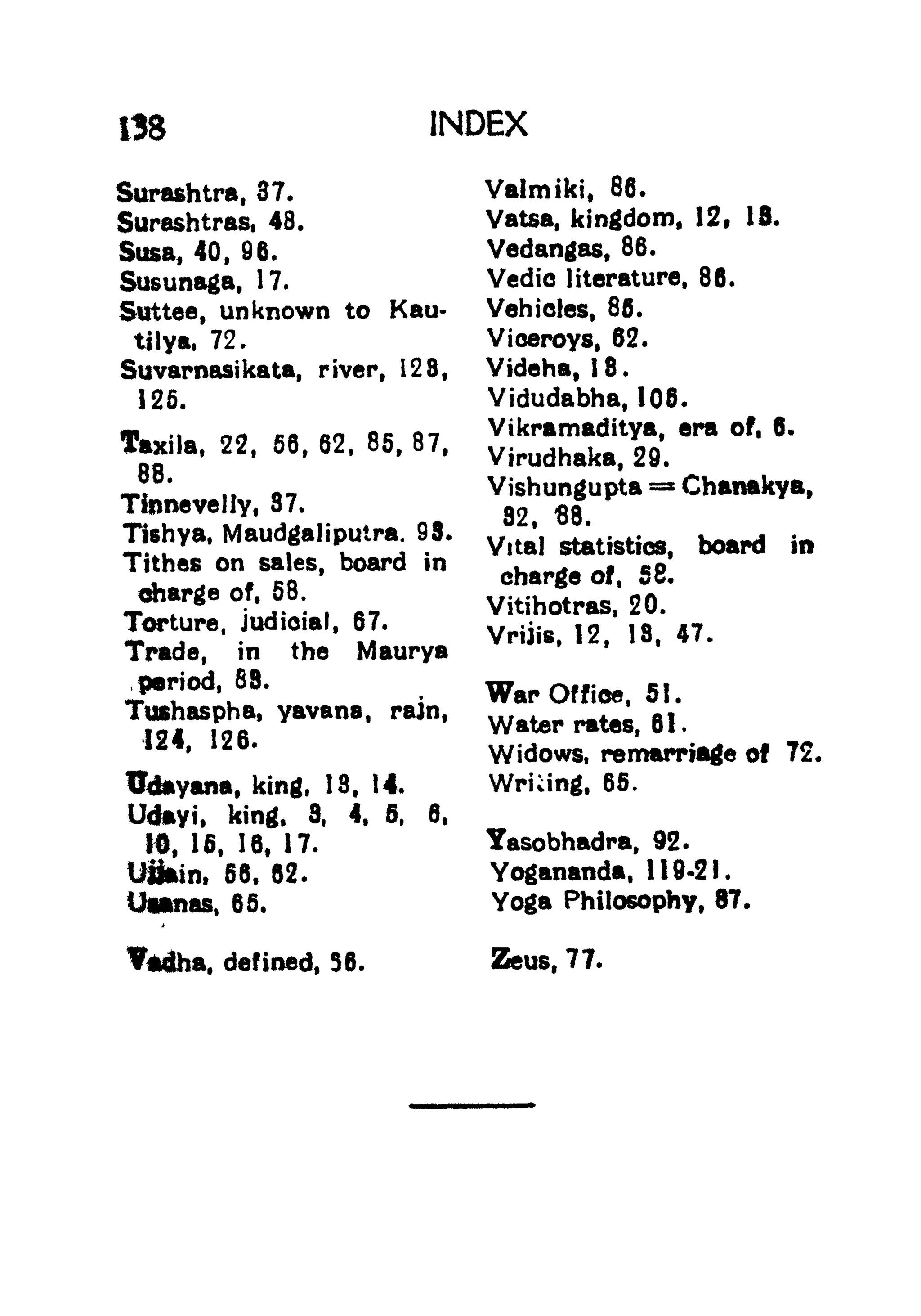 138 INDEX
Surashtra, 37*
Surashtras, 48.
Susa, 40, 96.
Susunaga, 17.
Suttee, unknown to Kau-
tilya, 72.
Valmiki, 86.
Vatsa, kingdom, 12, 13.
Vedangas, 86.
Vedic literature, 86.
Vehicles, 80.
Viceroys, 62.
Suvarnasikata, river, 128, Videha, 19.
125.
Taxila, 22, 56, 62, 85, 87,
88.
Tinnevelly, 87,
Tishya, Maudgaliputra. 93.
Tithes on sales, board in
charge of, 58.
Torture, judicial, 67.
Trade, in the Maurya
period, 68.
Tushaspha, yavana, rain,
124, 126.
ttdmyana, king, 18, 14,
Udmyi, king, 3, 4, 5, 6,
M, 16, 16t 17.
Ulifcin, 56, 62.
Utanas, 65.
Vidudabha, 106.
Vikramaditya, era of, 6.
Vtrudhaka, 29.
Vishungupta = Chanakya,
32, 68.
Vita] statistics, board in
charge of, 58.
Vitihotras, 20.
Vriiis, 12, 18, 47.
War Office, 51.
Water rates, 61.
Widows, remarriage of 72.
Wriiing, 65.
Tasobhadra, 92.
Yogananda, 119*21.
Yoga Philosophy, 87.
7*dha, defined, 36. Zeus, 77.
 