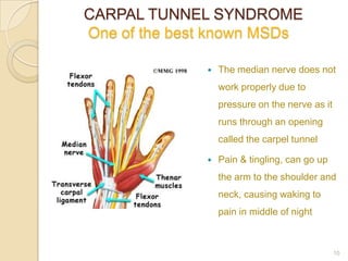 CARPAL TUNNEL SYNDROME
One of the best known MSDs
 The median nerve does not
work properly due to
pressure on the nerve as it
runs through an opening
called the carpel tunnel
 Pain & tingling, can go up
the arm to the shoulder and
neck, causing waking to
pain in middle of night
10
 