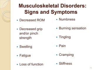 Musculoskeletal Disorders:
Signs and Symptoms
 Decreased ROM
 Decreased grip
and/or pinch
strength
 Swelling
 Fatigue
 Loss of function
 Numbness
 Burning sensation
 Tingling
 Pain
 Cramping
 Stiffness
13
 