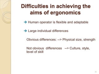 Difficulties in achieving the
aims of ergonomics
 Human operator is flexible and adaptable
 Large individual differences
Obvious differences: --> Physical size, strength
Not obvious differences --> Culture, style,
level of skill
32
 