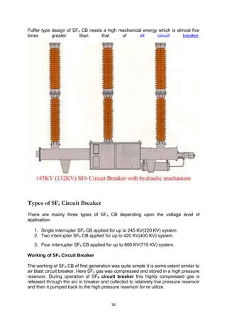 Puffer type design of SF6 CB needs a high mechanical energy which is almost five
times greater than that of oil circuit breaker.
Types of SF6 Circuit Breaker
There are mainly three types of SF6 CB depending upon the voltage level of
application-
1. Single interrupter SF6 CB applied for up to 245 KV(220 KV) system.
2. Two interrupter SF6 CB applied for up to 420 KV(400 KV) system.
3. Four interrupter SF6 CB applied for up to 800 KV(715 KV) system.
Working of SF6 Circuit Breaker
The working of SF6 CB of first generation was quite simple it is some extent similar to
air blast circuit breaker. Here SF6 gas was compressed and stored in a high pressure
reservoir. During operation of SF6 circuit breaker this highly compressed gas is
released through the arc in breaker and collected to relatively low pressure reservoir
and then it pumped back to the high pressure reservoir for re utilize.
36
 