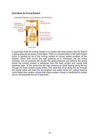 Axial Blast Air Circuit Breaker
In axial blast ACB the moving contact is in contact with fixed contact with the help of
a spring pressure as shown in the figure. There is a nozzle orifice in the fixed contact
which is blocked by tip of the moving contact at normal closed condition of the
breaker. When fault occurs, the high pressure air is introduced into the arcing
chamber. The air pressure will counter the spring pressure and deforms the spring
hence the moving contact is withdrawn from the fixed contact and nozzle hole
becomes open. At the same time the high pressure air starts flowing along the arc
through the fixed contact nozzle orifice. This axial flow of air along the arc through
the nozzle orifice will make the arc lengthen and colder hence arc voltage become
much higher than system voltage that means system voltage is insufficient to sustain
the arc consequently the arc is quenched.
44
 