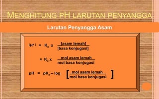 MENGHITUNG PH LARUTAN PENYANGGA
               Larutan Penyangga Asam


    [H+ ]   = Ka x     [asam lemah]
                     [basa konjugasi]

            = Ka x    mol asam lemah
                     mol basa konjugasi

    pH = pKa – log
                         [    mol asam lemah
                             mol basa konjugasi   ]
 