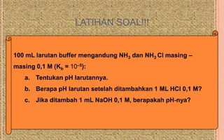 LATIHAN SOAL!!!


100 mL larutan buffer mengandung NH3 dan NH3 Cl masing –
masing 0,1 M (Kb = 10–5):
   a. Tentukan pH larutannya.
   b. Berapa pH larutan setelah ditambahkan 1 ML HCl 0,1 M?
   c. Jika ditambah 1 mL NaOH 0,1 M, berapakah pH-nya?
 