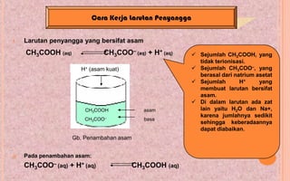 Cara Kerja Larutan Penyangga


1.   Larutan penyangga yang bersifat asam
     CH3COOH (aq)               CH3COO– (aq) + H+ (aq)       Sejumlah CH3COOH, yang
                                                              tidak terionisasi.
                      H+ (asam kuat)                         Sejumlah CH3COO–, yang
                                                              berasal dari natrium asetat
                                                             Sejumlah       H+     yang
                                                              membuat larutan bersifat
                                                              asam.
                                                             Di dalam larutan ada zat
                        CH3COOH              asam             lain yaitu H2O dan Na+,
                                                              karena jumlahnya sedikit
                        CH3COO–              basa
                                                              sehingga keberadaannya
                                                              dapat diabaikan.
                    Gb. Penambahan asam


    Pada penambahan asam:
     CH3COO– (aq) + H+ (aq)               CH3COOH (aq)
 