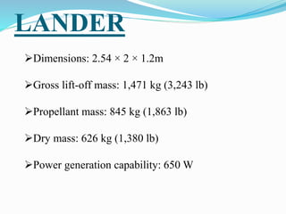 LANDER
Dimensions: 2.54 × 2 × 1.2m
Gross lift-off mass: 1,471 kg (3,243 lb)
Propellant mass: 845 kg (1,863 lb)
Dry mass: 626 kg (1,380 lb)
Power generation capability: 650 W
 