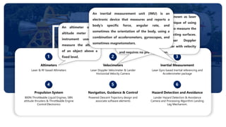 Key Technologies
Hazard Detection and Avoidance
Lander Hazard Detection & Avoidance
Camera and Processing Algorithm Landing
Leg Mechanism.
Inertial Measurement
Laser Gyro based Inertial referencing and
Accelerometer package
Altimeters
Laser & RF based Altimeters
Propulsion System
800N Throttleable Liquid Engines, 58N
attitude thrusters & Throttleable Engine
Control Electronics
Velocimeters
Laser Doppler Velocimeter & Lander
Horizontal Velocity Camera
Navigation, Guidance & Control
Powered Descent Trajectory design and
associate software elements
1 2 3
4 5 6
An altimeter or an
altitude meter is an
instrument used to
measure the altitude
of an object above a
fixed level.
Laser Doppler velocimetry, also known as laser
Doppler anemometry, is the technique of using
the Doppler shift in a laser beam to measure the
vibratory motion of opaque, reflecting surfaces.
The measurement with laser Doppler
anemometry is absolute and linear with velocity
and requires no pre-calibration.
An inertial measurement unit (IMU) is an
electronic device that measures and reports a
body's specific force, angular rate, and
sometimes the orientation of the body, using a
combination of accelerometers, gyroscopes, and
sometimes magnetometers.
 