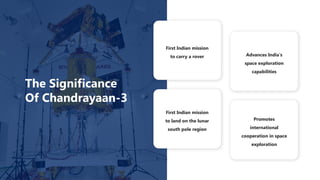 First Indian mission
to land on the lunar
south pole region
First Indian mission
to carry a rover Advances India's
space exploration
capabilities
Promotes
international
cooperation in space
exploration
The Significance
Of Chandrayaan-3
 