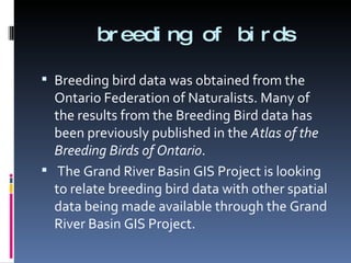 breeding of birds Breeding bird data was obtained from the Ontario Federation of Naturalists. Many of the results from the Breeding Bird data has been previously published in the  Atlas of the Breeding Birds of Ontario . The Grand River Basin GIS Project is looking to relate breeding bird data with other spatial data being made available through the Grand River Basin GIS Project. 