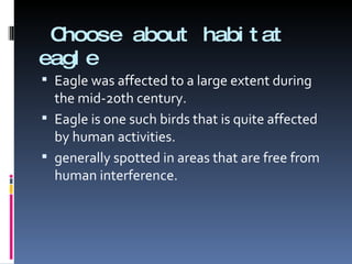Choose about habitat eagle Eagle was affected to a large extent during the mid-20th century. Eagle is one such birds that is quite affected by human activities. generally spotted in areas that are free from human interference.  