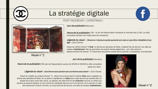 La stratégie digitale
Jour de publication: Mercredi
Heure de la publication: 14h ( le pic de fréquentation Facebook le mercredi est à 15h). La cible
consultera pendant son trajet dans les transports.
Légende du visuel : « Personne n’est jeune après quarante ans mais on peut être irrésistible à tout
âge » - Coco Chanel.
Visuel du coffret Chanel°5 Noël en échos aux périodes de fêtes. L’objectif est de donner une idée de
cadeau implicitement. Pas de promotion de produit directe également , car c’est contre le
positionnement de Chanel °5. Placement de produit subtile sans publicité ni proposition commerciale.
Visuel n°1
Jour de la publication: Vendredi
Heure de la publication: 20h (pic de fréquentation autour de 23h00 et 00h00) la cible consultera
après son dîner.
Légende du visuel : «Une femme sans parfum est une femme sans avenir » - Coco Chanel.
Visuel du modèle qui enlace Chanel °5 , vêtue d’une tenue dans le thème Noel, pour s’adapter au
thème des périodes de fêtes. Ici, le parfum représente un trésor pour cette femme qui semble être en
extase de le tenir entre ses mains. La position de cette femme est enfantine comme un enfant qui
tiendrai sa peluche fétiche, ce qui montre sa nécessité dans la vie d’une femme, et lui permet un bien
être personnel. Encore une fois, ce visuel permet de donner une idée de cadeau implicitement. Visuel n°2
POST FACEBOOK « CHRISTMAS »
 