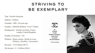 Type : Société Anonyme
Industry : Fashion
Founded : 1909, 110 years ago
Founder : Gabrielle Bonheur “Coco” Chanel
Headquarters : Neuilly-sur-Seine, France
London, United Kingdom
Number of locations : 310
Products : Haute couture ; Ready-to-wear ;
Perfume ; Jewellery ; Accessories
Revenue : $ 9.6 billion (2017)
Net Income : € 1.3 billion (2016)
 