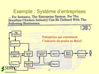 Exemple : Système d’entreprises




                          Entreprises qui constituent
                          l’industrie du poulet au Brésil



                                           Grossistes   Détaillants




               Abattoir
                              10
www.serec.ch
 