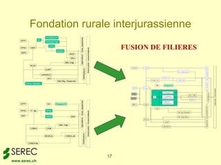 Fondation rurale interjurassienne
                                   Formation EF




                                                                          Agriculteurs – trices, paysannes
    OFFP                 IAJ
                                   Formation Agr.


    OFAG       SER
                                      CVAJ
                                                                                                                                                        FUSION DE FILIERES




                                                                                                                    Grand public / consommateurs
                                               AGEFA
    DEPC
                                                                   GEEF

                                                                   GEA

                                                           Stés. d’agr.
               NCJA




                                                                                                                                                                                                                                                 Agriculteurs – trices, paysannes Jura B.
                                                                                                                                                          LOBAG   CAJB
                                  AJAPI




                                                                                                    Distributeurs
                                                                                                                                                                                                             Stés. d’agriculture

                               JURANICO
                                                                                                                                                                                        SEGECA
                                    APJ
                                                                                                                                                                           CAREA-Be                          CAREA-JB
                                               Stés Rég. Paysannes
           Comm. marques
                                                                                                                                                                                  DIP     Formation EF
                                                                                                                                                           DEP    O.Agr.




                                                                                                                                                                                                                                                                                                  Grand public / Consommateurs
                                                                                                                                                                                        2. Formation
                                                                                                                                                          OFFP




                                                                                                                                                                                                                                                                                  Distributeurs
                                                                                                                                                                                                                                   GEA / GER
                                                                                                                                                                                        3. Consultance,
                                                                                                                                                                             IC
                                                                                                                                                          OFAG                          expertise, conseil
                                                                                                                                                                                                                                     GEEF
                                                                          Agriculteurs – trices, paysannes




                                                                                                                                                                                        4. Marchés,
                                                                                                                                                                                        diversification
    OFFP                            DIP      Formation EF                                                                                                 DEPC    SER




                                                                                                                                                                                                                                               Agriculteurs – trices, paysannes Jura
                                                                                                                                                                                  APJ
    OFAG       O. Agr.             CFVA
                                                                                                                    Grand public / Consommateurs




                                                                                                                                                                                                             Stés. Rég. Paysannes

    DEP                            AGER                             GER                                                                                                                                      Stés. d’agriculture
                                                                                                                                                                  NCJA
                                                                                                                                                                                          AJAPI

                                                    Stés. d’agr.
                                                                                                                                                                                        JURANICO
               LOBAG               CAJB
                                                                                                Distributeurs




                                  SEGECA                    CAREA-JB


             CAREA-Be




                                                                                                                                                   17
www.serec.ch
 