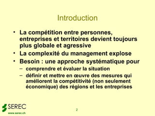 Introduction
   • La compétition entre personnes,
     entreprises et territoires devient toujours
     plus globale et agressive
   • La complexité du management explose
   • Besoin : une approche systématique pour
       – comprendre et évaluer la situation
       – définir et mettre en œuvre des mesures qui
         améliorent la compétitivité (non seulement
         économique) des régions et les entreprises



                             2
www.serec.ch
 