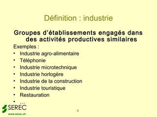 Définition : industrie
   Groupes d’établissements engagés dans
      des activités productives similaires
   Exemples :
   • Industrie agro-alimentaire
   • Téléphonie
   • Industrie microtechnique
   • Industrie horlogère
   • Industrie de la construction
   • Industrie touristique
   • Restauration
   • …
                              5
www.serec.ch
 