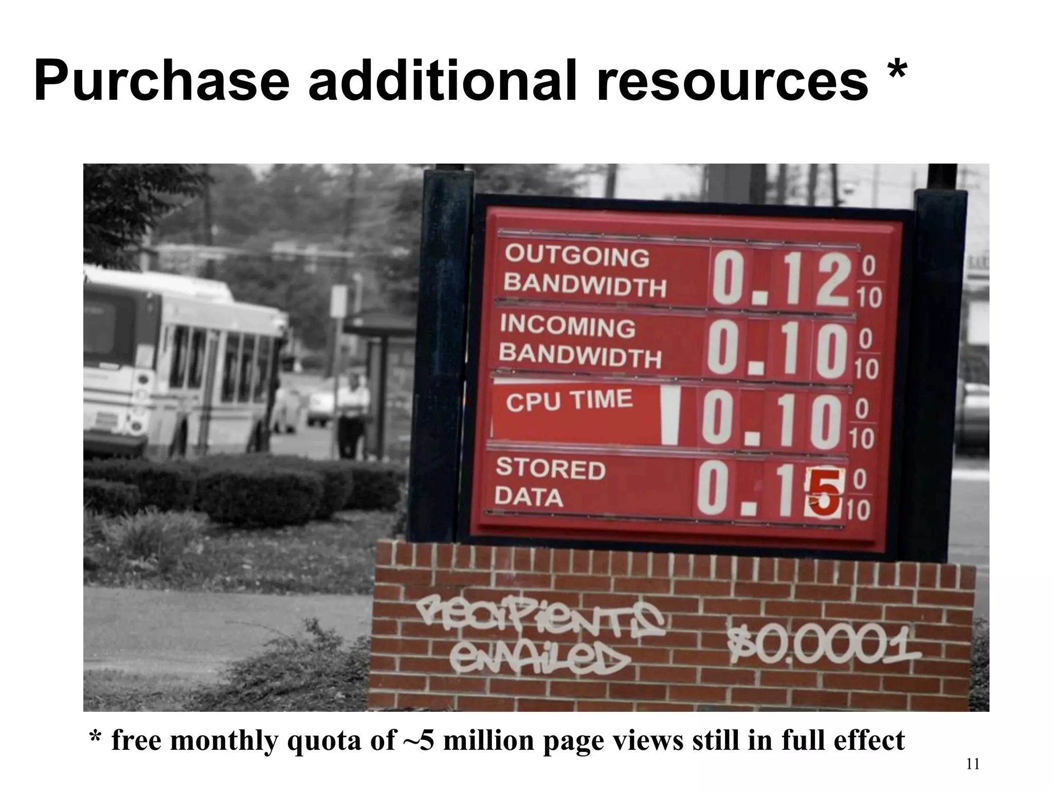 Purchase additional resources *




 * free monthly quota of ~5 million page views still in full effect
                                                                      11
 