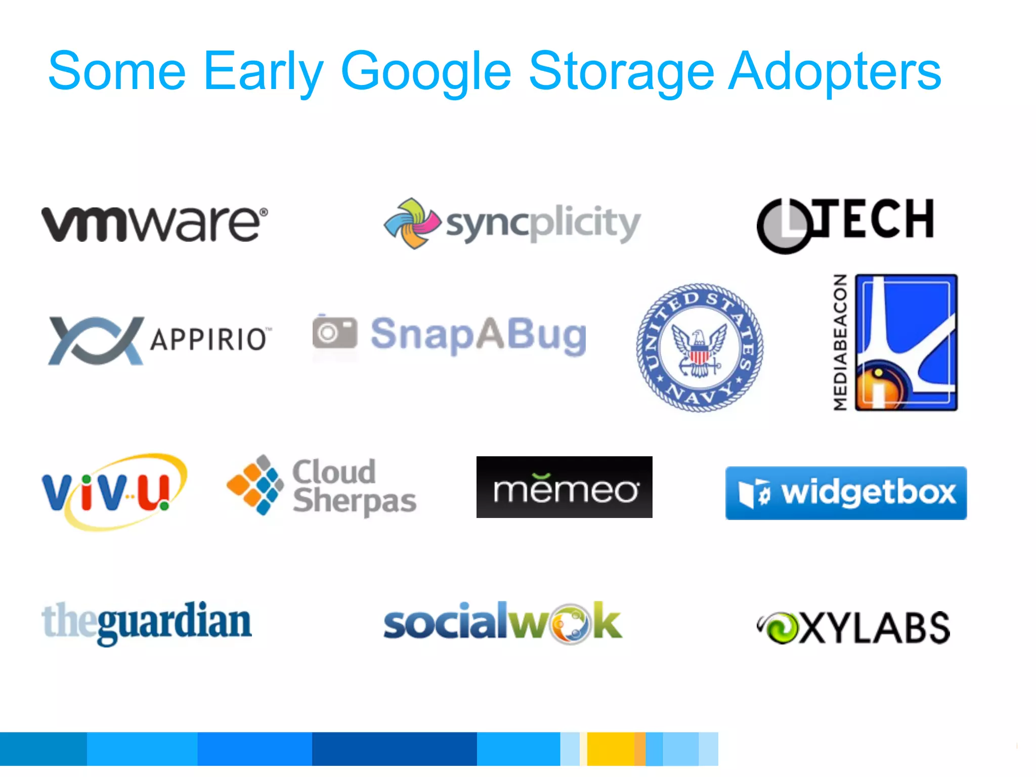 Some Early Google Storage Adopters




                          Google Developer Day 2010
 