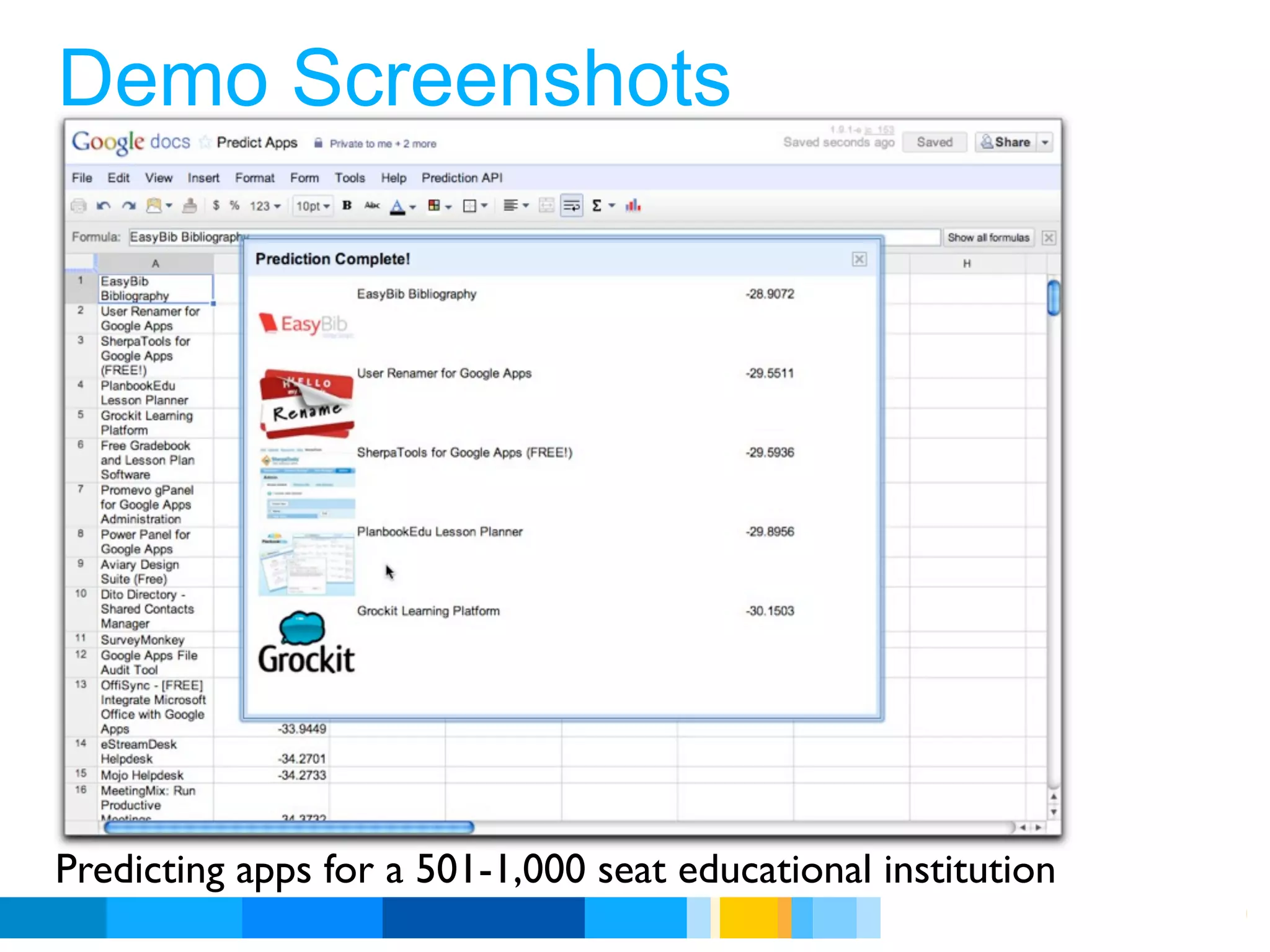 Demo Screenshots




Predicting apps for a 501-1,000 seat educational institution
                                                   Google Developer Day 2010
 