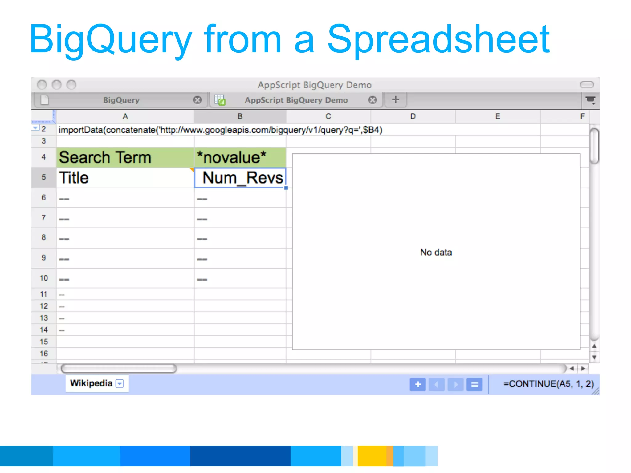 BigQuery from a Spreadsheet




                     Google Developer Day 2010
 