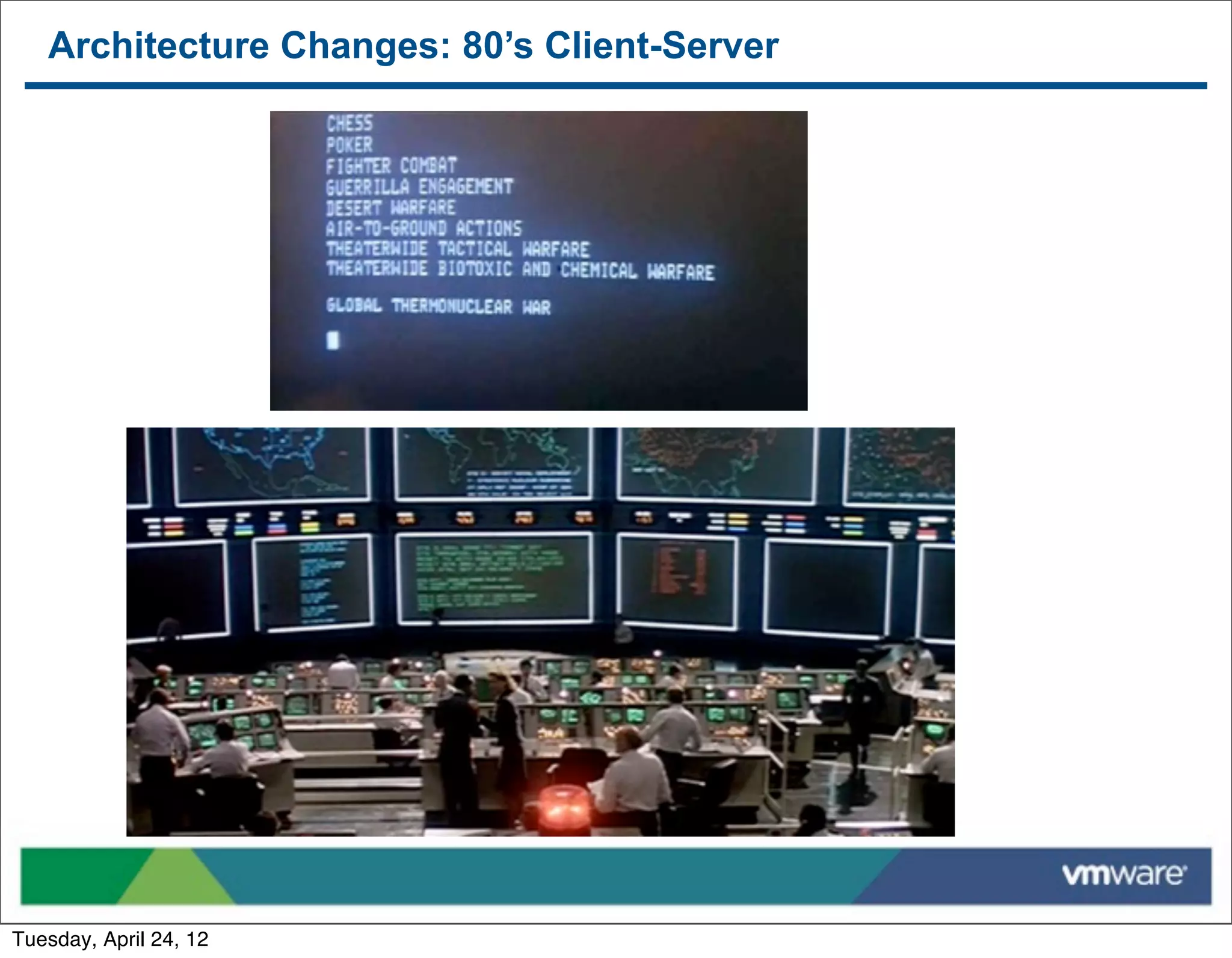 Architecture Changes: 80’s Client-Server




Tuesday, April 24, 12
 