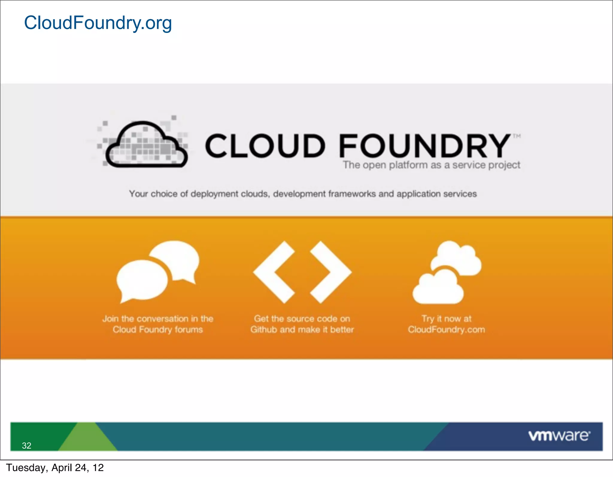 CloudFoundry.org




   32

Tuesday, April 24, 12
 