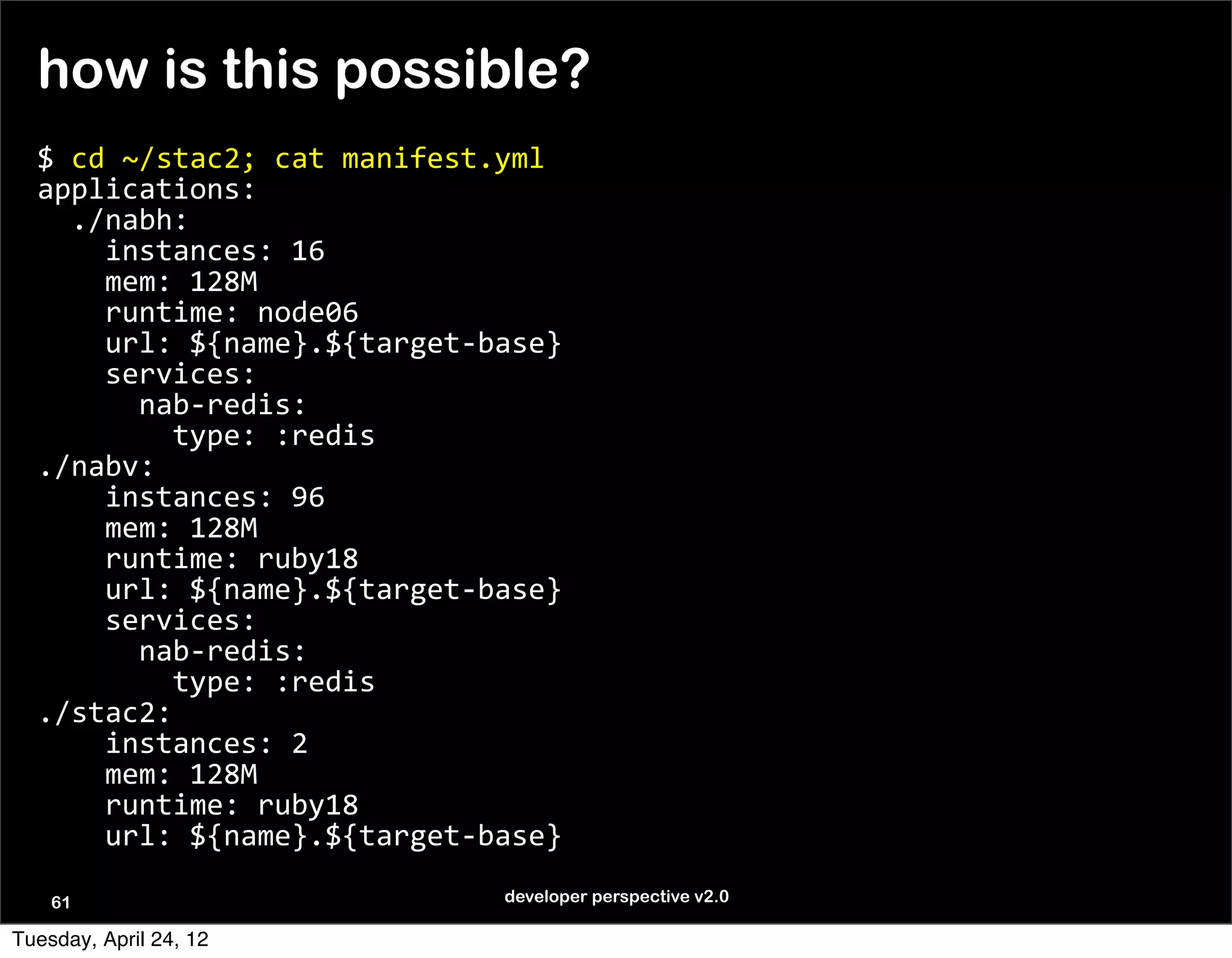 how is this possible?
  $	
  cd	
  ~/stac2;	
  cat	
  manifest.yml
  applications:
  	
  	
  ./nabh:
  	
  	
  	
  	
  instances:	
  16
  	
  	
  	
  	
  mem:	
  128M
  	
  	
  	
  	
  runtime:	
  node06
  	
  	
  	
  	
  url:	
  ${name}.${target-­‐base}
  	
  	
  	
  	
  services:
  	
  	
  	
  	
  	
  	
  nab-­‐redis:
  	
  	
  	
  	
  	
  	
  	
  	
  type:	
  :redis
  ./nabv:
  	
  	
  	
  	
  instances:	
  96
  	
  	
  	
  	
  mem:	
  128M	
  
  	
  	
  	
  	
  runtime:	
  ruby18
  	
  	
  	
  	
  url:	
  ${name}.${target-­‐base}
  	
  	
  	
  	
  services:
  	
  	
  	
  	
  	
  	
  nab-­‐redis:
  	
  	
  	
  	
  	
  	
  	
  	
  type:	
  :redis
  ./stac2:
  	
  	
  	
  	
  instances:	
  2
  	
  	
  	
  	
  mem:	
  128M	
  
  	
  	
  	
  	
  runtime:	
  ruby18
  	
  	
  	
  	
  url:	
  ${name}.${target-­‐base}

    61                                      developer perspective v2.0

Tuesday, April 24, 12
 