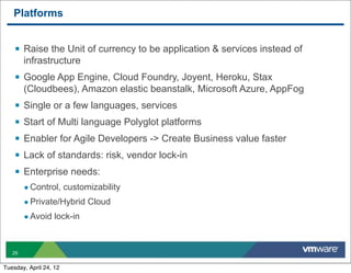 Platforms


    § Raise the Unit of currency to be application & services instead of
         infrastructure
    § Google App Engine, Cloud Foundry, Joyent, Heroku, Stax
         (Cloudbees), Amazon elastic beanstalk, Microsoft Azure, AppFog
    §   Single or a few languages, services
    §   Start of Multi language Polyglot platforms
    §   Enabler for Agile Developers -> Create Business value faster
    §   Lack of standards: risk, vendor lock-in
    §   Enterprise needs:
         • Control, customizability
         • Private/Hybrid Cloud
         • Avoid lock-in


   25


Tuesday, April 24, 12
 