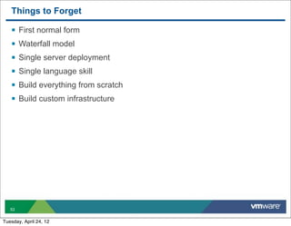 Things to Forget

   §   First normal form
   §   Waterfall model
   §   Single server deployment
   §   Single language skill
   §   Build everything from scratch
   §   Build custom infrastructure




   53


Tuesday, April 24, 12
 