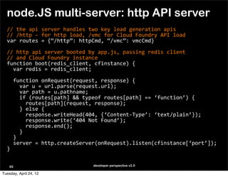 node.JS multi-server: http API server
  //	
  the	
  api	
  server	
  handles	
  two	
  key	
  load	
  generation	
  apis
  //	
  /http	
  –	
  for	
  http	
  load,	
  /vmc	
  for	
  Cloud	
  Foundry	
  API	
  load
  var	
  routes	
  =	
  {“/http”:	
  httpCmd,	
  “/vmc”:	
  vmcCmd}

  //	
  http	
  api	
  server	
  booted	
  by	
  app.js,	
  passing	
  redis	
  client
  //	
  and	
  Cloud	
  Foundry	
  instance	
  
  function	
  boot(redis_client,	
  cfinstance)	
  {
  	
  	
  var	
  redis	
  =	
  redis_client;
  	
  	
  
  	
  	
  function	
  onRequest(request,	
  response)	
  {
  	
  	
  	
  	
  var	
  u	
  =	
  url.parse(request.url);
  	
  	
  	
  	
  var	
  path	
  =	
  u.pathname;
  	
  	
  	
  	
  if	
  (routes[path]	
  &&	
  typeof	
  routes[path]	
  ==	
  ‘function’)	
  {
  	
  	
  	
  	
  	
  	
  routes[path](request,	
  response);
  	
  	
  	
  	
  }	
  else	
  {
  	
  	
  	
  	
  	
  	
  response.writeHead(404,	
  {‘Content-­‐Type’:	
  ‘text/plain’});
  	
  	
  	
  	
  	
  	
  response.write(‘404	
  Not	
  Found’);
  	
  	
  	
  	
  	
  	
  response.end();
  	
  	
  	
  	
  }
  	
  	
  }
  	
  	
  server	
  =	
  http.createServer(onRequest).listen(cfinstance[‘port’]);
  }


    65                                       developer perspective v2.0

Tuesday, April 24, 12
 