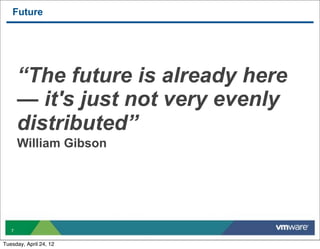 Future




       “The future is already here
       — it's just not very evenly
       distributed”
       William Gibson




   7


Tuesday, April 24, 12
 