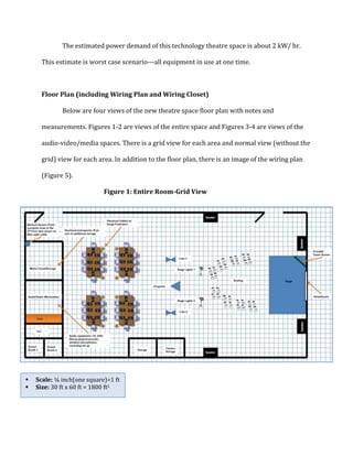 The estimated power demand of this technology theatre space is about 2 kW/ hr.
This estimate is worst case scenario---all equipment in use at one time.
Floor Plan (including Wiring Plan and Wiring Closet)
Below are four views of the new theatre space floor plan with notes and
measurements. Figures 1-2 are views of the entire space and Figures 3-4 are views of the
audio-video/media spaces. There is a grid view for each area and normal view (without the
grid) view for each area. In addition to the floor plan, there is an image of the wiring plan
(Figure 5).
Figure 1: Entire Room-Grid View
 Scale: ¼ inch(one square)=1 ft
 Size: 30 ft x 60 ft = 1800 ft2
 