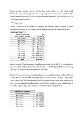 Dengan membuat simulasi cash flow ini kita dapat melihat bahwa kas akhir selalu positif.
Namun kita perlu melihat bagaimana nilai uang yang diinvestasikan selama 10 tahun. Nilai
investasi selama 10 tahun ini dapat dilihat dengan metode Net Present Value. Berikut ini adalah
rumus perhitungan untuk NPV:



Dimana i adalah tahun ke sekian dari investasi, dan investasi dihitung selama 10 tahun
mengikuti masa pinjaman. Dari simulasi cash flow dapat dihitung NPV-nya sebagai berikut:
Net Present Value
        Annual discount rate                      6%
      Initial payment first year          -510.000,00
            Net income            1,00     201.446,00
            Net income            2,00     272.769,47
            Net income            3,00     356.377,35
            Net income            4,00     454.443,99
            Net income            5,00     569.528,59
            Net income            6,00     704.643,32
            Net income            7,00     863.333,51
            Net income            8,00   1.049.772,03
            Net income            9,00   1.268.870,33
            Net income           10,00   1.526.409,19
                 NPV                     4.340.508,75


Dari perhitungan NPV di atas dapat dilihat bahwa investasi sebesar $510.000 yang dilakukan
pada tahun 2006 di Chang Dental Clinic akan bernilai $4.340.508,75 pada 10 tahun mendatang.
Ini cukup baik mengingat sebelumnya bernilai -$510.000.


Selain NPV parameter penilaian yang dapat digunakan adalah IRR atau Internal Rate of Return.
Dengan IRR kita dapat melihat tingkat pengembalian dari investasi kita pada Chang Dental
Clinic. Biasanya kita dapat membandingkannya dengan suku bunga bank, untuk menunjukkan
bahwa berinvestasi pada Chang Dental Clinic lebih baik dari pada berinvestasi pada tabungan di
bank. Adapun perhitungan IRR pada Chang Dental Clinic adalah sebagai berikut:


       Internal Rate of Return
        Initial cost of business           -510.000
         Net income                 1    200.406,00
         Net income                 2    239.617,00
         Net income                 3    282.749,10
         Net income                 4    330.194,41
         Net income                 5    382.384,25
         Net income                 6    439.793,08
 
