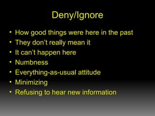 Deny/Ignore How good things were here in the past They don’t really mean it It can’t happen here Numbness Everything-as-usual attitude Minimizing Refusing to hear new information 