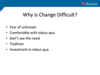 Why is Change Difficult?

•   Fear of unknown
•   Comfortable with status quo
•   Don’t see the need
•   Tradition
•   Investment in status quo
 