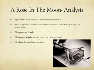 A Rose In The Moon- Analysis
I picked this poem because of the symbolism it has in it.
I like this poem’s sound and I star...