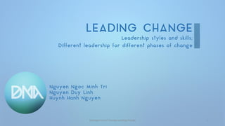 LEADING CHANGE 
Leadership styles and skills; 
Different leadership for different phases of change 
Nguyen Ngoc Minh Tri 
Nguyen DuyLinh 
Huynh HanhNguyen 
Management of Change-Leading Change 1 
 