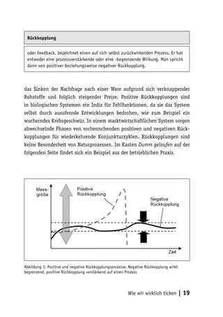 Rückkopplung


 oder Feedback, bezeichnet einen auf sich selbst zurückwirkenden Prozess. Er hat
 entweder eine prozessverstärkende oder eine -begrenzende Wirkung. Man spricht
 dann von positiver beziehungsweise negativer Rückkopplung.



das Sinken der Nachfrage nach einer Ware aufgrund sich verknappender
Rohstoffe und folglich steigender Preise. Positive Rückkopplungen sind
in biologischen Systemen ein Indiz für Fehlfunktionen, da sie das System
selbst durch ausufernde Entwicklungen bedrohen, wie zum Beispiel ein
wucherndes Krebsgeschwür. In einem marktwirtschaftlichen System sorgen
abwechselnde Phasen von vorherrschenden positiven und negativen Rück-
kopplungen für wiederkehrende Konjunkturzyklen. Rückkopplungen sind
keine Besonderheit von Naturprozessen. Im Kasten Dumm gelaufen auf der
folgenden Seite findet sich ein Beispiel aus der betrieblichen Praxis.




Abbildung 1: Positive und negative Rückkopplungsprozesse. Negative Rückkopplung wirkt
begrenzend, positive Rückkopplung verstärkend auf einen Prozess




                                                         Wie wir wirklich ticken        | 19
 