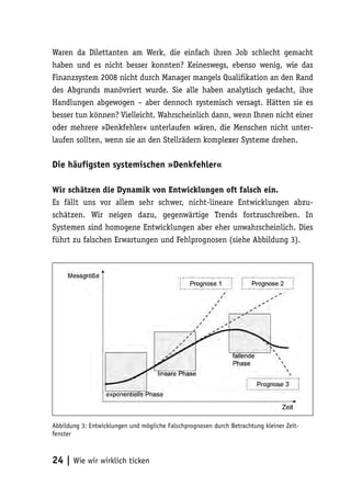 Waren da Dilettanten am Werk, die einfach ihren Job schlecht gemacht
haben und es nicht besser konnten? Keineswegs, ebenso wenig, wie das
Finanzsystem 2008 nicht durch Manager mangels Qualifikation an den Rand
des Abgrunds manövriert wurde. Sie alle haben analytisch gedacht, ihre
Handlungen abgewogen – aber dennoch systemisch versagt. Hätten sie es
besser tun können? Vielleicht. Wahrscheinlich dann, wenn Ihnen nicht einer
oder mehrere »Denkfehler« unterlaufen wären, die Menschen nicht unter-
laufen sollten, wenn sie an den Stellrädern komplexer Systeme drehen.

Die häufigsten systemischen »Denkfehler«

Wir schätzen die Dynamik von Entwicklungen oft falsch ein.
Es fällt uns vor allem sehr schwer, nicht-lineare Entwicklungen abzu-
schätzen. Wir neigen dazu, gegenwärtige Trends fortzuschreiben. In
Systemen sind homogene Entwicklungen aber eher unwahrscheinlich. Dies
führt zu falschen Erwartungen und Fehlprognosen (siehe Abbildung 3).




Abbildung 3: Entwicklungen und mögliche Falschprognosen durch Betrachtung kleiner Zeit-
fenster



24 | Wie wir wirklich ticken
 