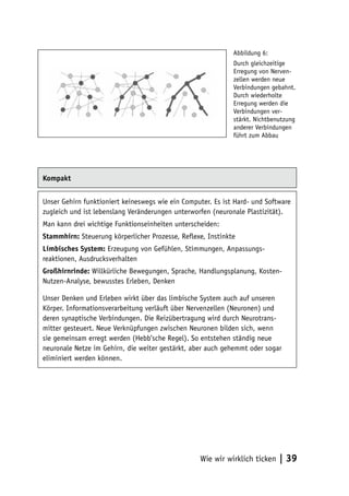 Abbildung 6:
                                                             Durch gleichzeitige
                                                             Erregung von Nerven-
                                                             zellen werden neue
                                                             Verbindungen gebahnt.
                                                             Durch wiederholte
                                                             Erregung werden die
                                                             Verbindungen ver-
                                                             stärkt. Nichtbenutzung
                                                             anderer Verbindungen
                                                             führt zum Abbau




Kompakt


Unser Gehirn funktioniert keineswegs wie ein Computer. Es ist Hard- und Software
zugleich und ist lebenslang Veränderungen unterworfen (neuronale Plastizität).
Man kann drei wichtige Funktionseinheiten unterscheiden:
Stammhirn: Steuerung körperlicher Prozesse, Reflexe, Instinkte
Limbisches System: Erzeugung von Gefühlen, Stimmungen, Anpassungs-
reaktionen, Ausdrucksverhalten
Großhirnrinde: Willkürliche Bewegungen, Sprache, Handlungsplanung, Kosten-
Nutzen-Analyse, bewusstes Erleben, Denken

Unser Denken und Erleben wirkt über das limbische System auch auf unseren
Körper. Informationsverarbeitung verläuft über Nervenzellen (Neuronen) und
deren synaptische Verbindungen. Die Reizübertragung wird durch Neurotrans-
mitter gesteuert. Neue Verknüpfungen zwischen Neuronen bilden sich, wenn
sie gemeinsam erregt werden (Hebb’sche Regel). So entstehen ständig neue
neuronale Netze im Gehirn, die weiter gestärkt, aber auch gehemmt oder sogar
eliminiert werden können.




                                                  Wie wir wirklich ticken    | 39
 
