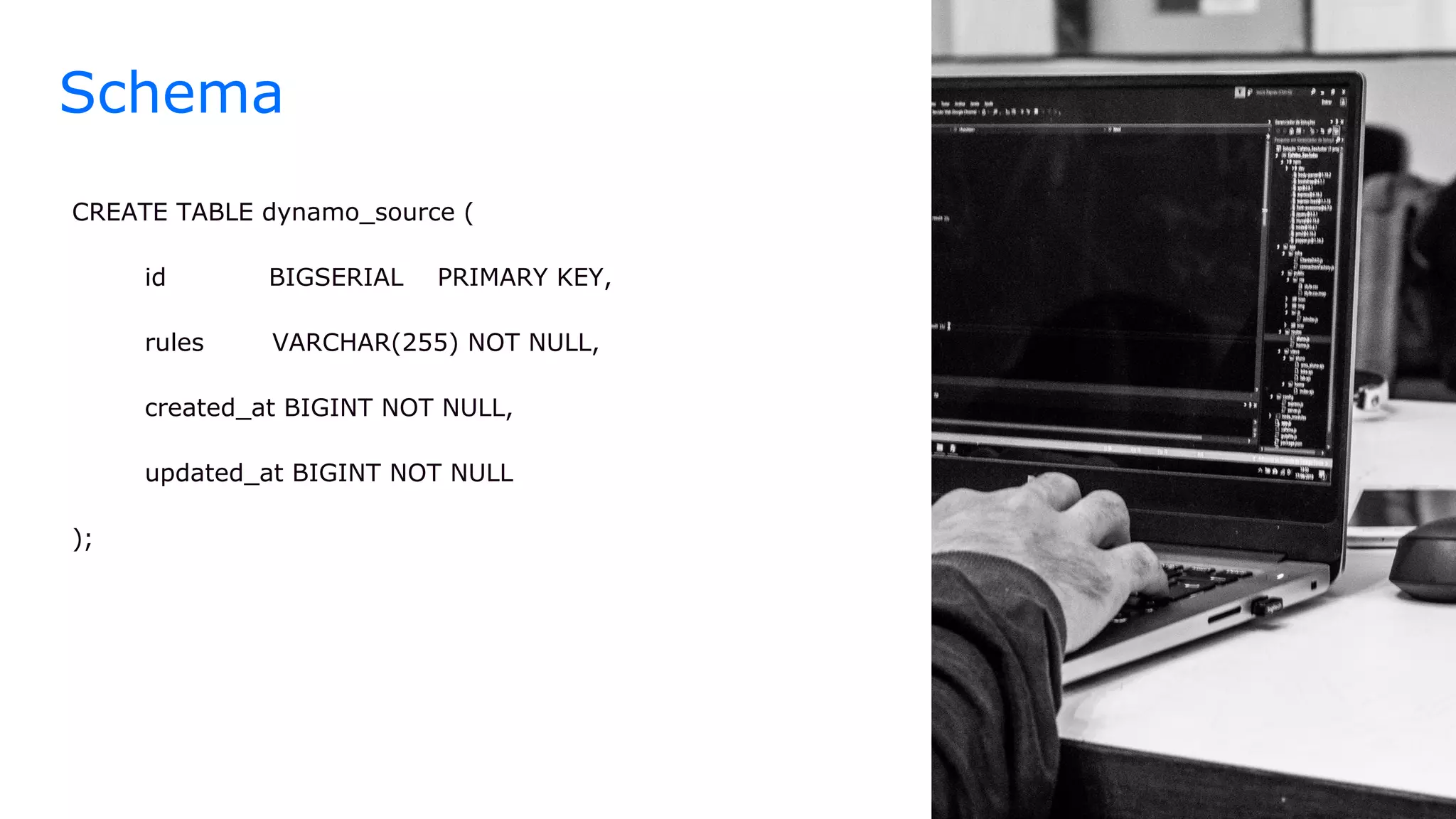 Schema
CREATE TABLE dynamo_source (
id BIGSERIAL PRIMARY KEY,
rules VARCHAR(255) NOT NULL,
created_at BIGINT NOT NULL,
updated_at BIGINT NOT NULL
);
 