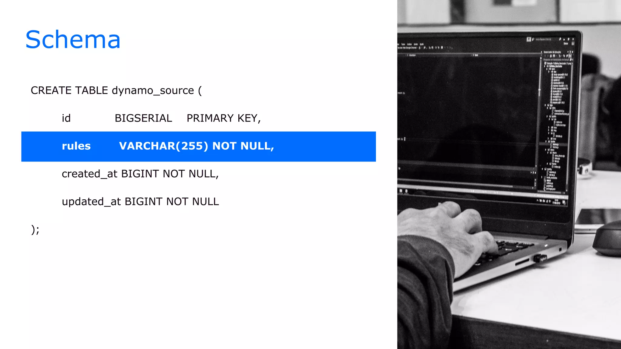 Schema
CREATE TABLE dynamo_source (
id BIGSERIAL PRIMARY KEY,
rules VARCHAR(255) NOT NULL,
created_at BIGINT NOT NULL,
updated_at BIGINT NOT NULL
);
 
