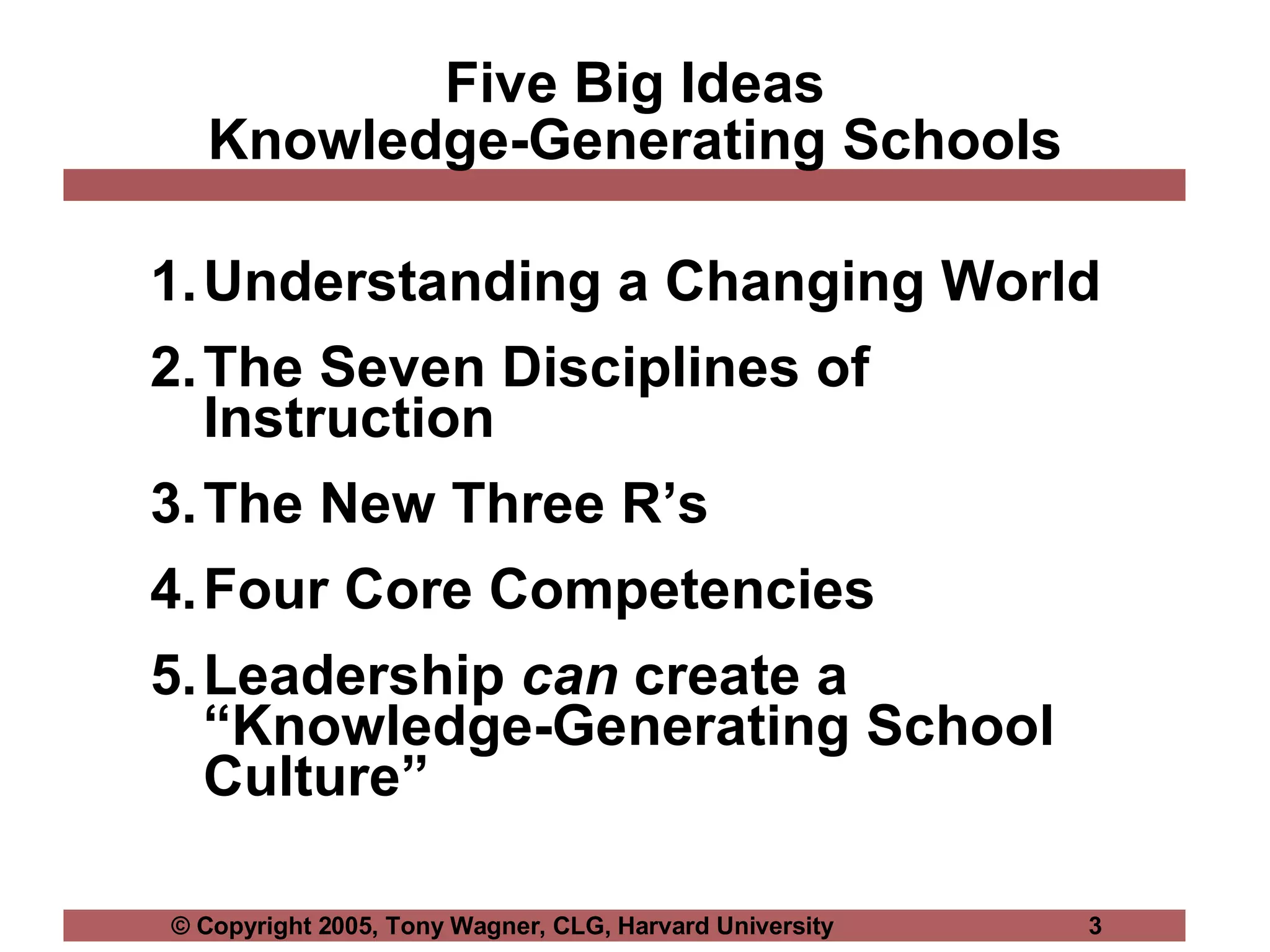Five Big Ideas Knowledge-Generating Schools Understanding a Changing World The Seven Disciplines of Instruction The New Three R’s Four Core Competencies Leadership  can  create a “Knowledge-Generating School Culture” 
