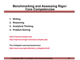 Benchmarking and Assessing Rigor: Core Competencies <ul><li>Writing </li></ul><ul><li>Reasoning </li></ul><ul><li>Analytic...