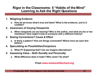 Rigor in the Classrooms: 5 “Habits of the Mind” Learning to Ask the Right Questions <ul><li>Weighing Evidence </li></ul><u...