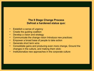 <ul><li>The 8 Stage Change Process </li></ul><ul><li>Defrost a hardened status quo: </li></ul><ul><li>Establish a sense of...
