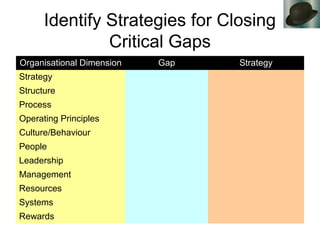 Identify Strategies for Closing
Critical Gaps
Organisational Dimension Gap Strategy
Strategy
Structure
Process
Operating Principles
Culture/Behaviour
People
Leadership
Management
Resources
Systems
Rewards
 