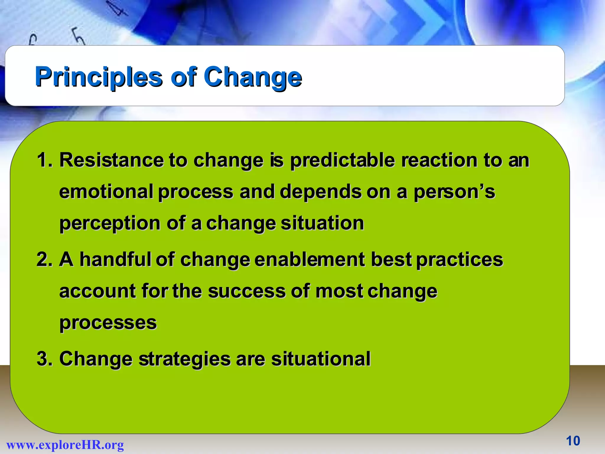 Resistance to change is predictable reaction to an emotional process and depends on a person’s perception of a change situation A handful of change enablement best practices account for the success of most change processes Change strategies are situational Principles of Change 
